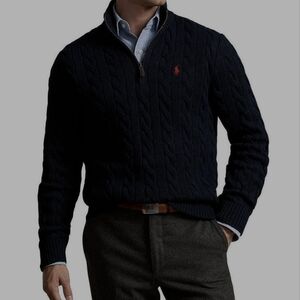 Polo Ralph Lauren Navy Blue Cable-Knit Cotton Quarter-Zip Sweater 2XLT